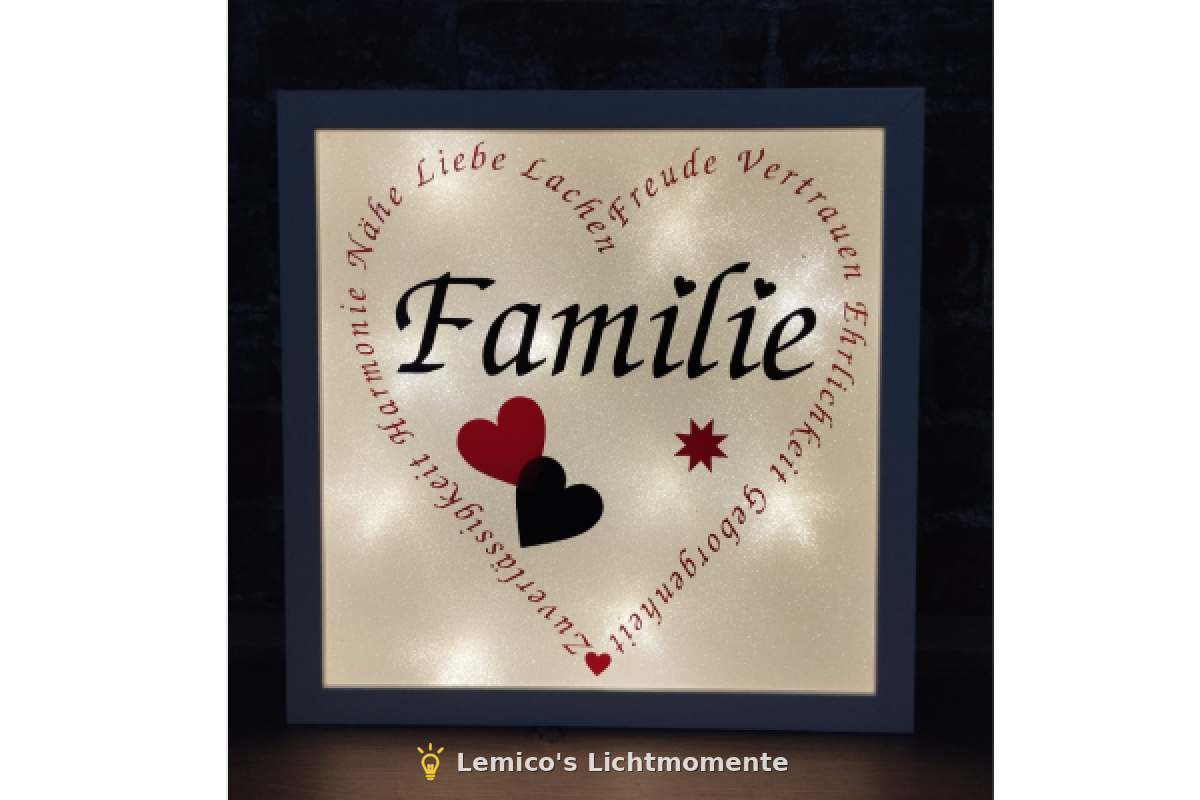 Beleuchteter Bilderrahmen zum Thema Familie, Glimmerfolie und weißes Licht