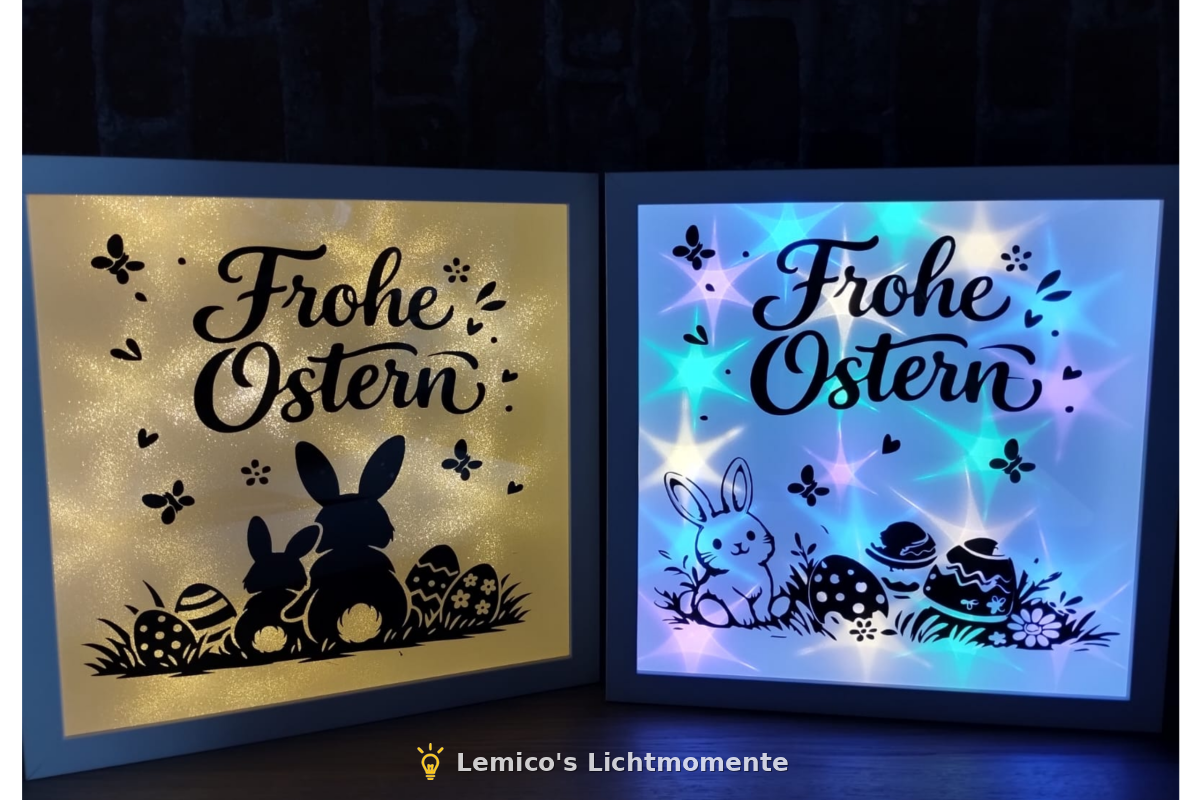 Zwei beleuchtete Bilderrahmen mit Ostermotiv in unterschiedlichen Lichtfarben